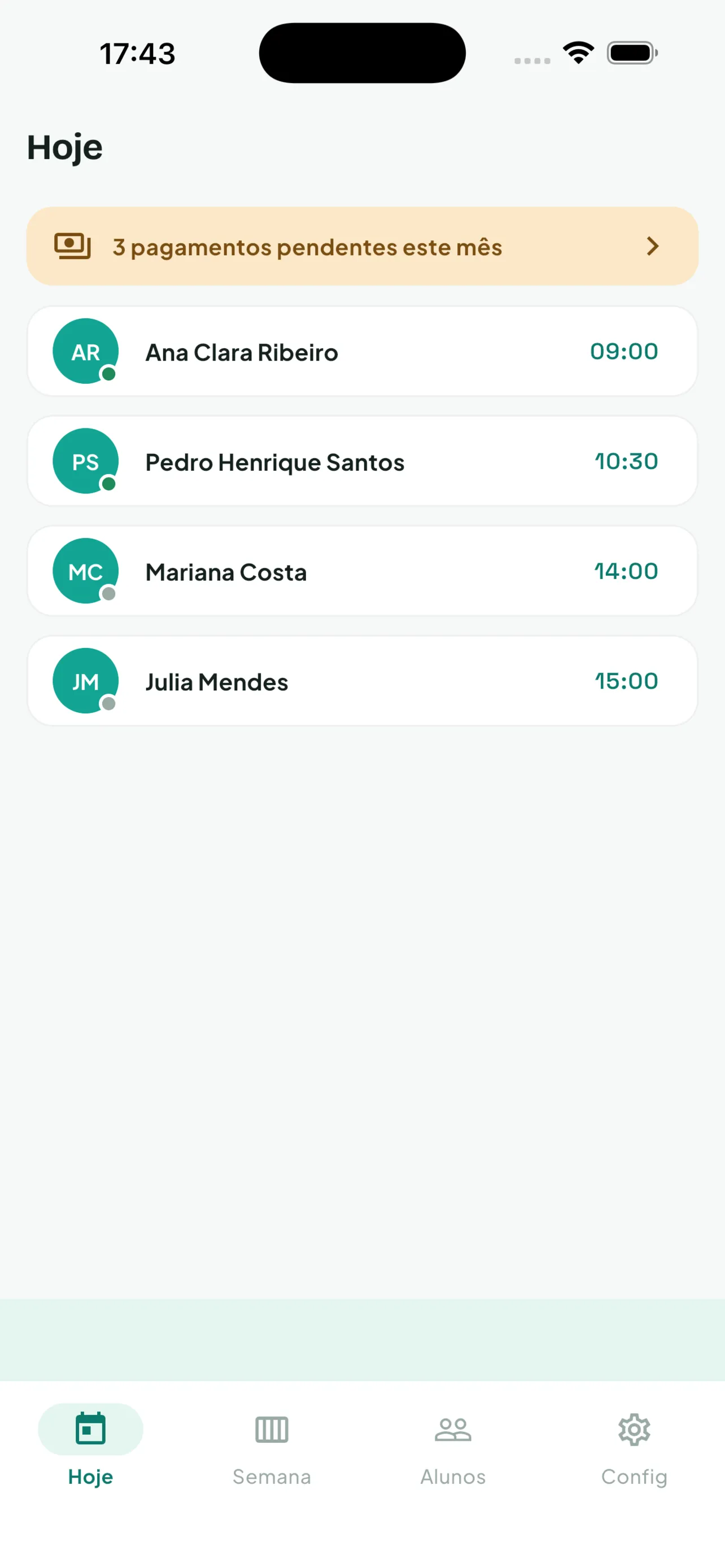 Tela Hoje do Aulora com as aulas do dia e pagamentos pendentes